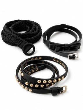 Skinny Belt Trio: Black & Gold Studded, Faux Patent Leather & Bow, Navy Braided